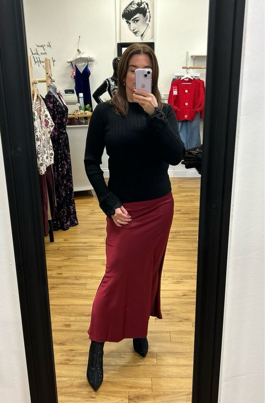 The Aoife Satin Bias Skirt In Burgundy