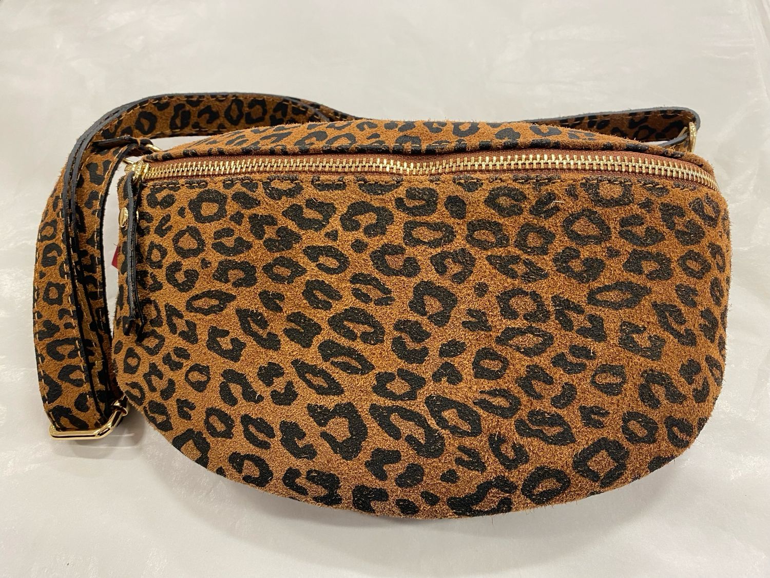 Leopard Print Suede Crossover Bag in Brown