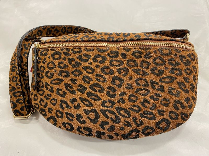Leopard Print Suede Crossover Bag in Brown