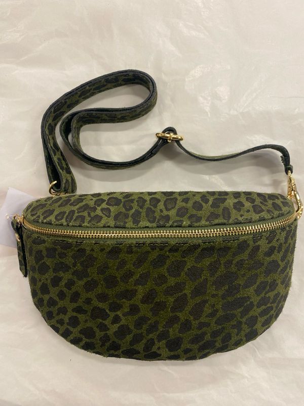 Leopard Print Suede Crossover Bag in Green