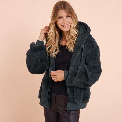 The Harriet Teddy Borg Hooded Zip Fleece Jacket In Forest Green