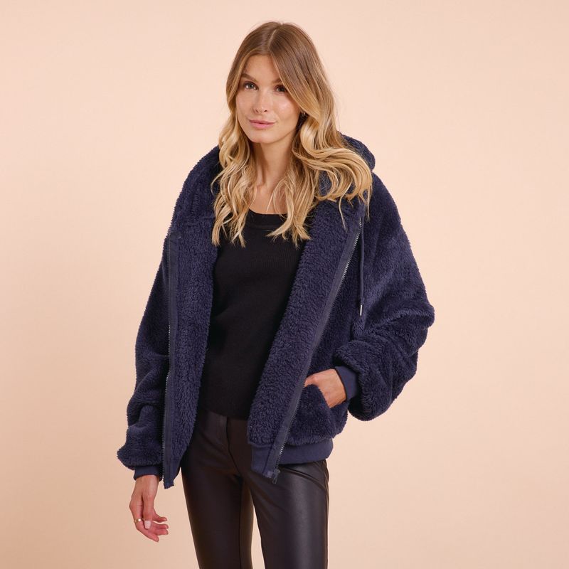 The Harriet Teddy Borg Hooded Zip Fleece Jacket In Navy