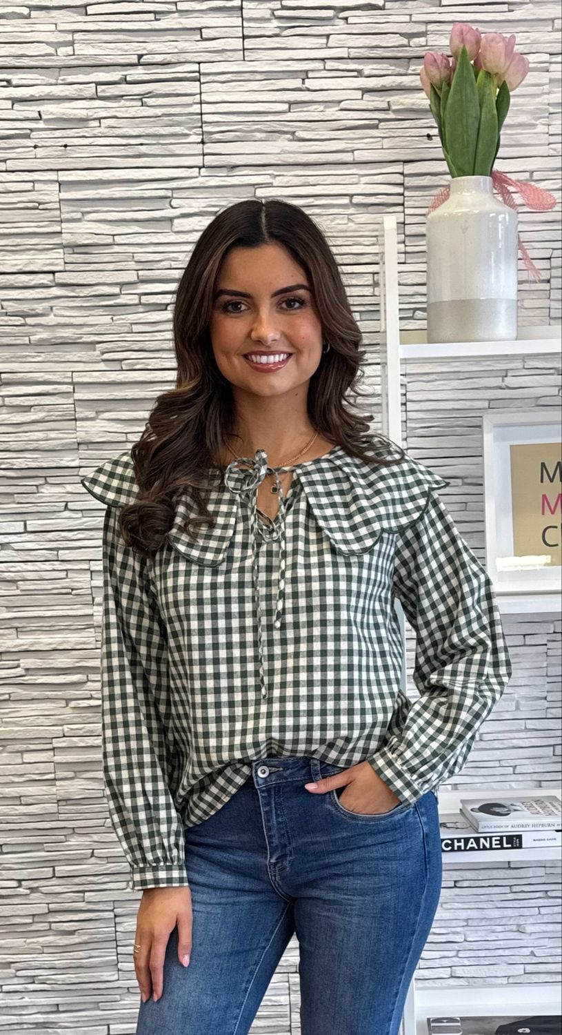 The Jane Checked Collar Blouse In Bottle Green