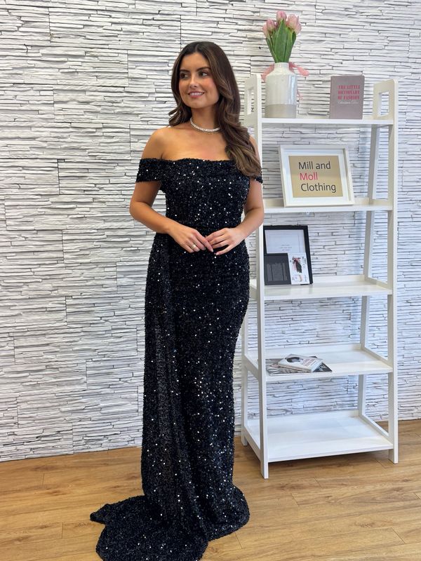 The Aaliyah Off The Shoulder Black Sequin Dress