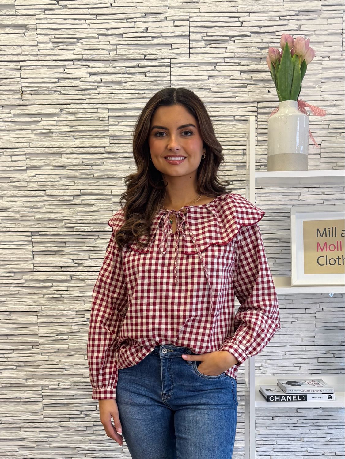 The Jane Gingham Collar Blouse In Wine