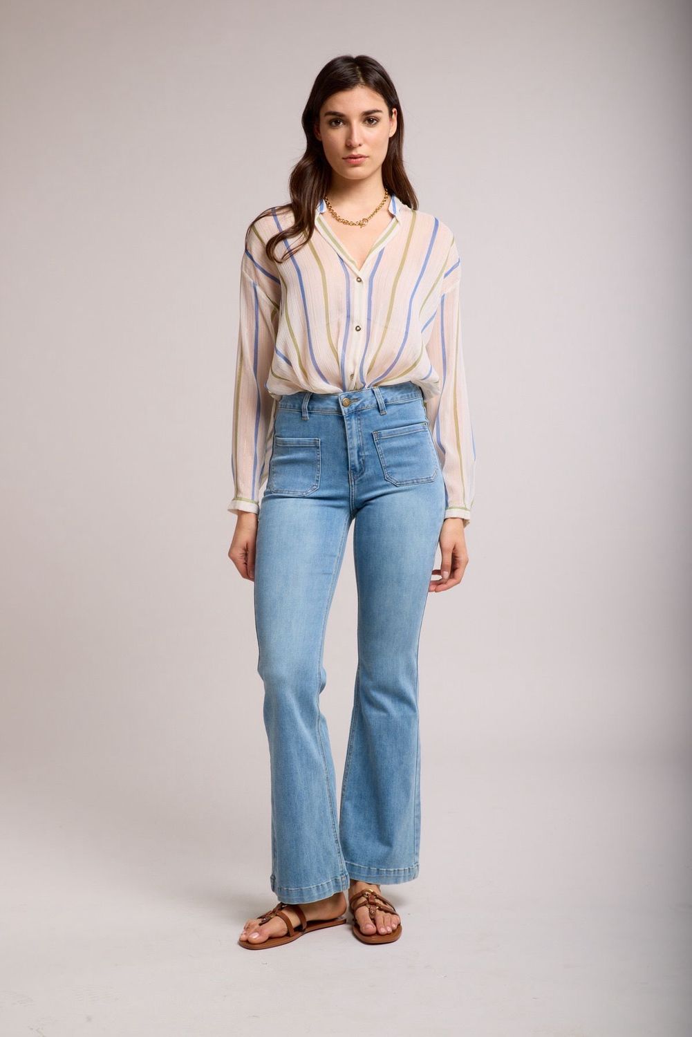 Toxik High Waisted Two Pocket Front Flare Jeans In Faded Denim