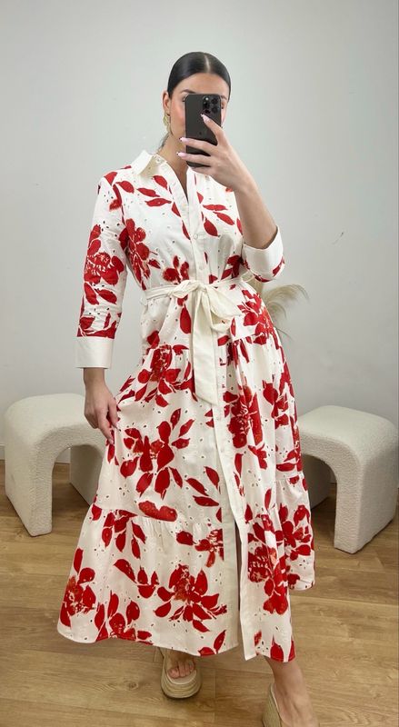 The Amanda Floral Tie Shirt Dress In Red