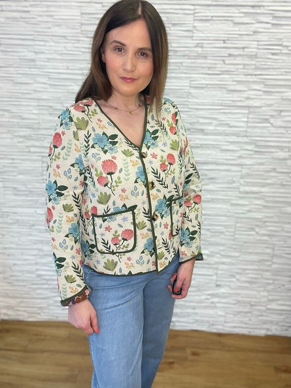 The Amelia Vintage Inspired Tapestry Jacket In Beige