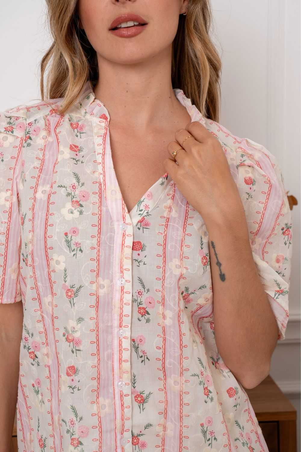The Evie Ditsy Print Embroidered Blouse In Pink