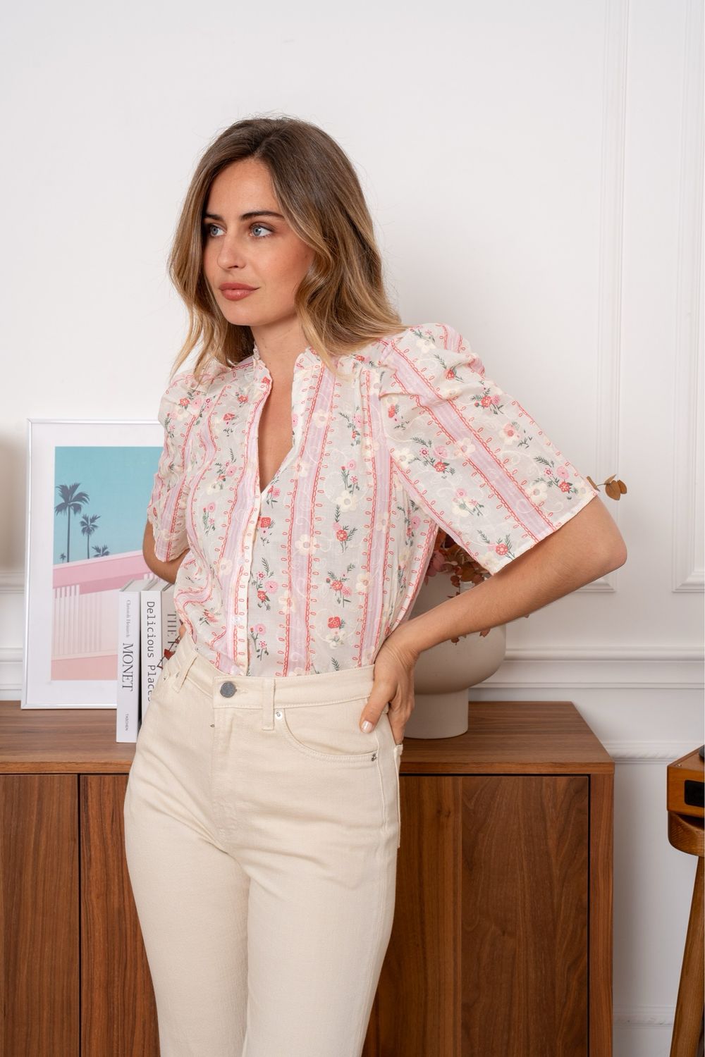 The Evie Ditsy Print Embroidered Blouse In Pink