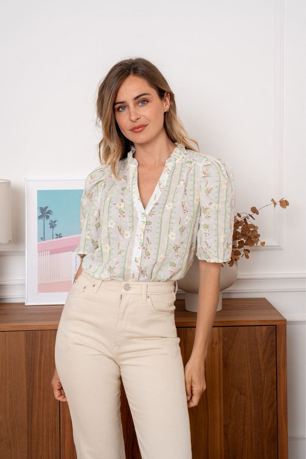The Evie Ditsy Print Embroidered Blouse In Green