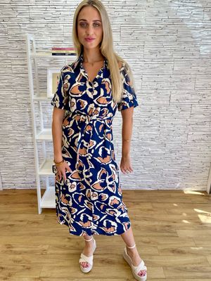 The Imogen Abstract Belted Shirt Dress In Navy