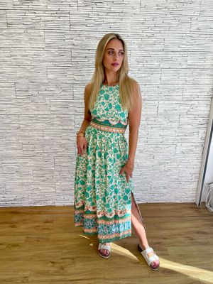 The Roman Paisley Border Skirt In Green (Co Ord)