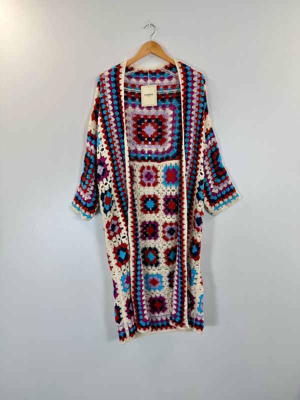 Red and Blue Patterned Crochet Cardigan