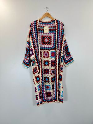 Red and Blue Patterned Crochet Cardigan