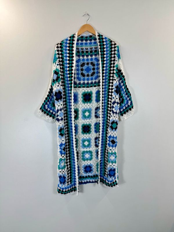 Blue and White Patterned Crochet Cardigan