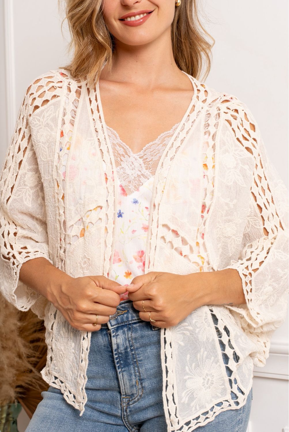 The Ava Crochet Cardigan In Beige