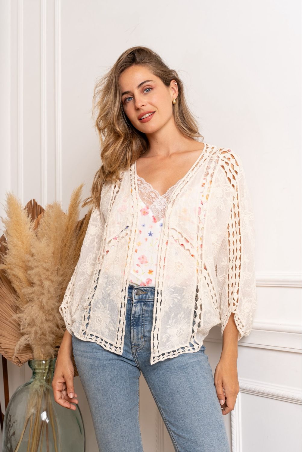 The Ava Crochet Cardigan In Beige
