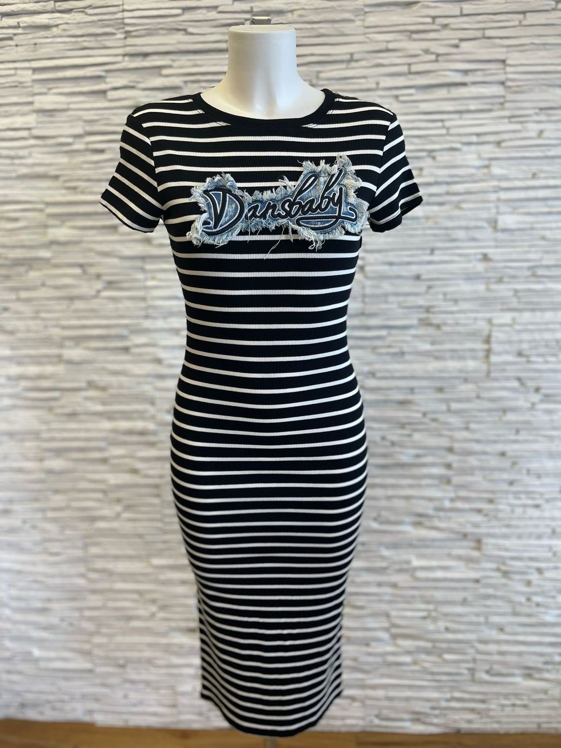 The Evie Nautical Stripe Midi Dress With Denim Motif In Navy