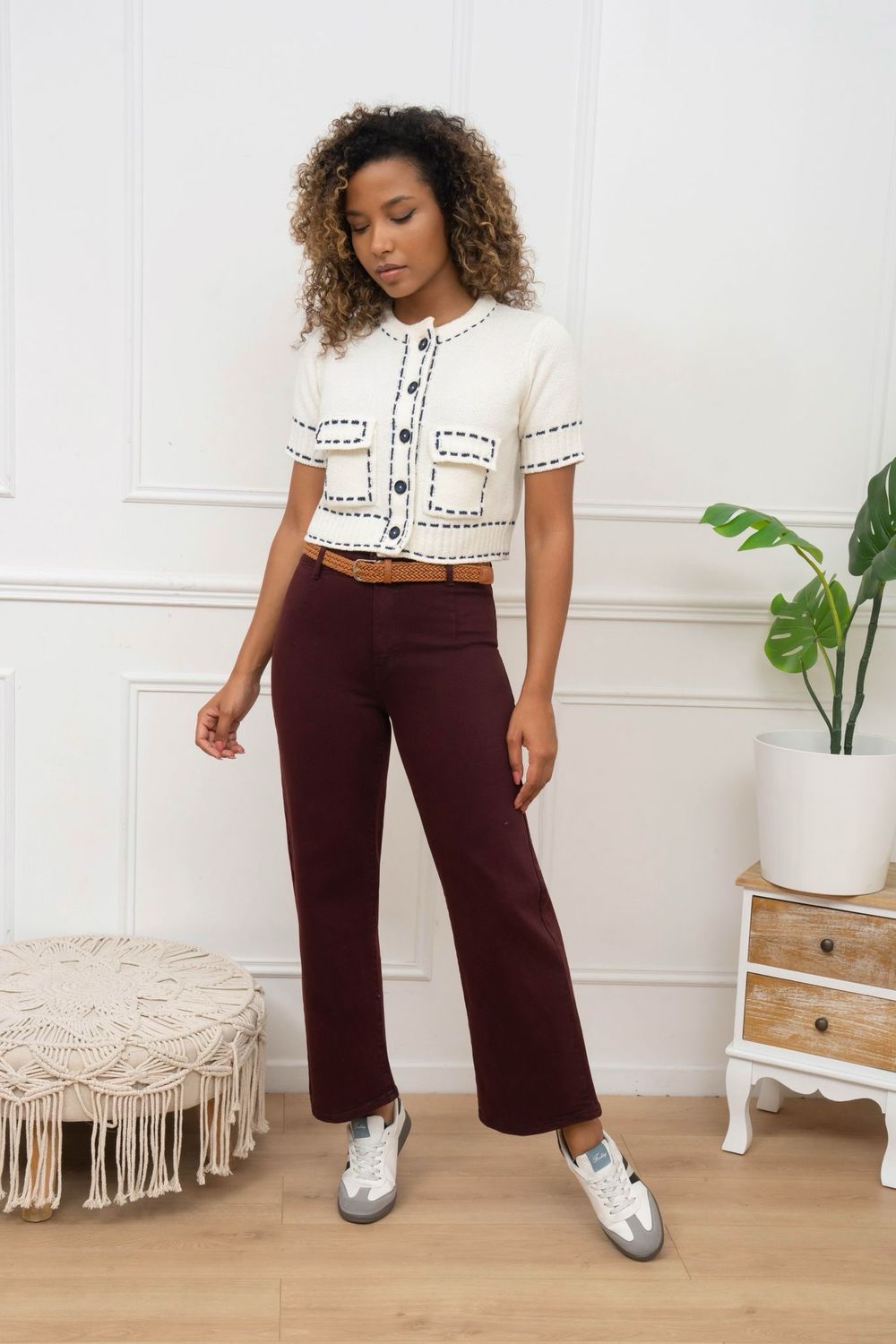 FolyRose Wide Leg Crop Jeans in Burgundy
