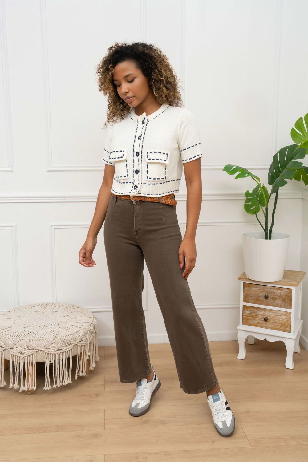 FolyRose Wide Leg Crop Jeans In Mocha Brown