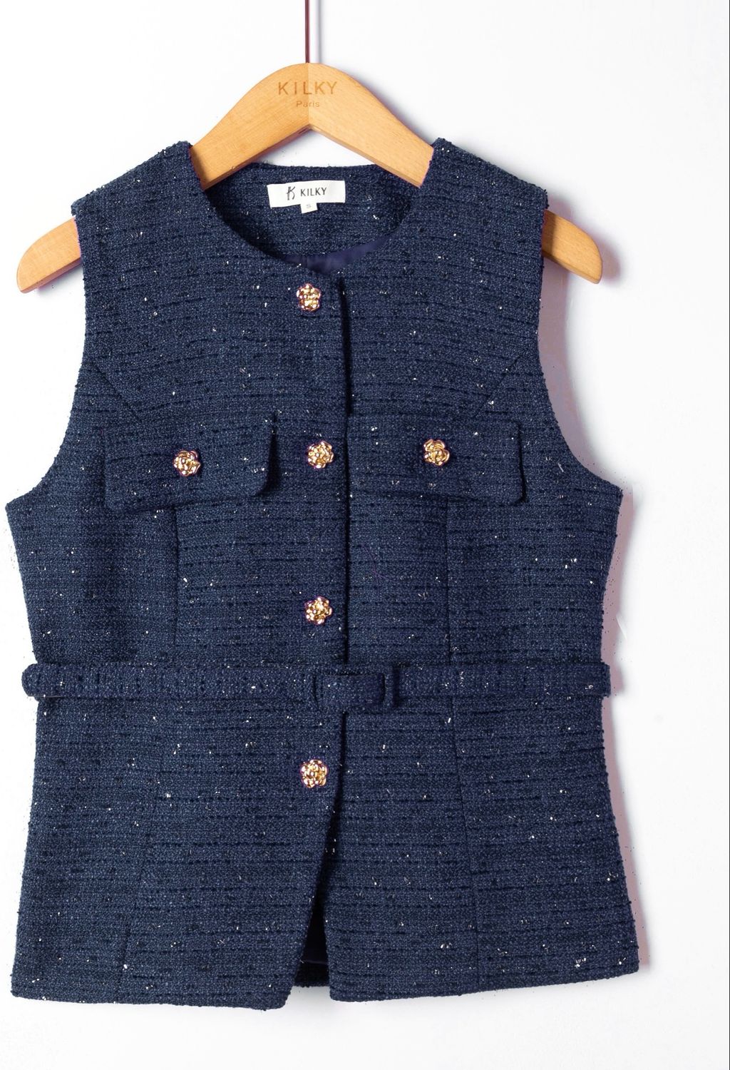 The Mollie Chanel Inspired Tweed Waistcoat In French Navy