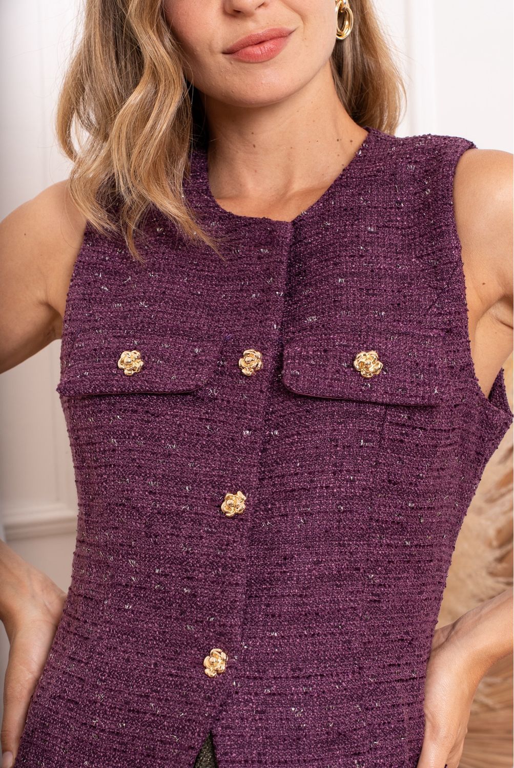 The Mollie Chanel Inspired Tweed Waistcoat In Plum