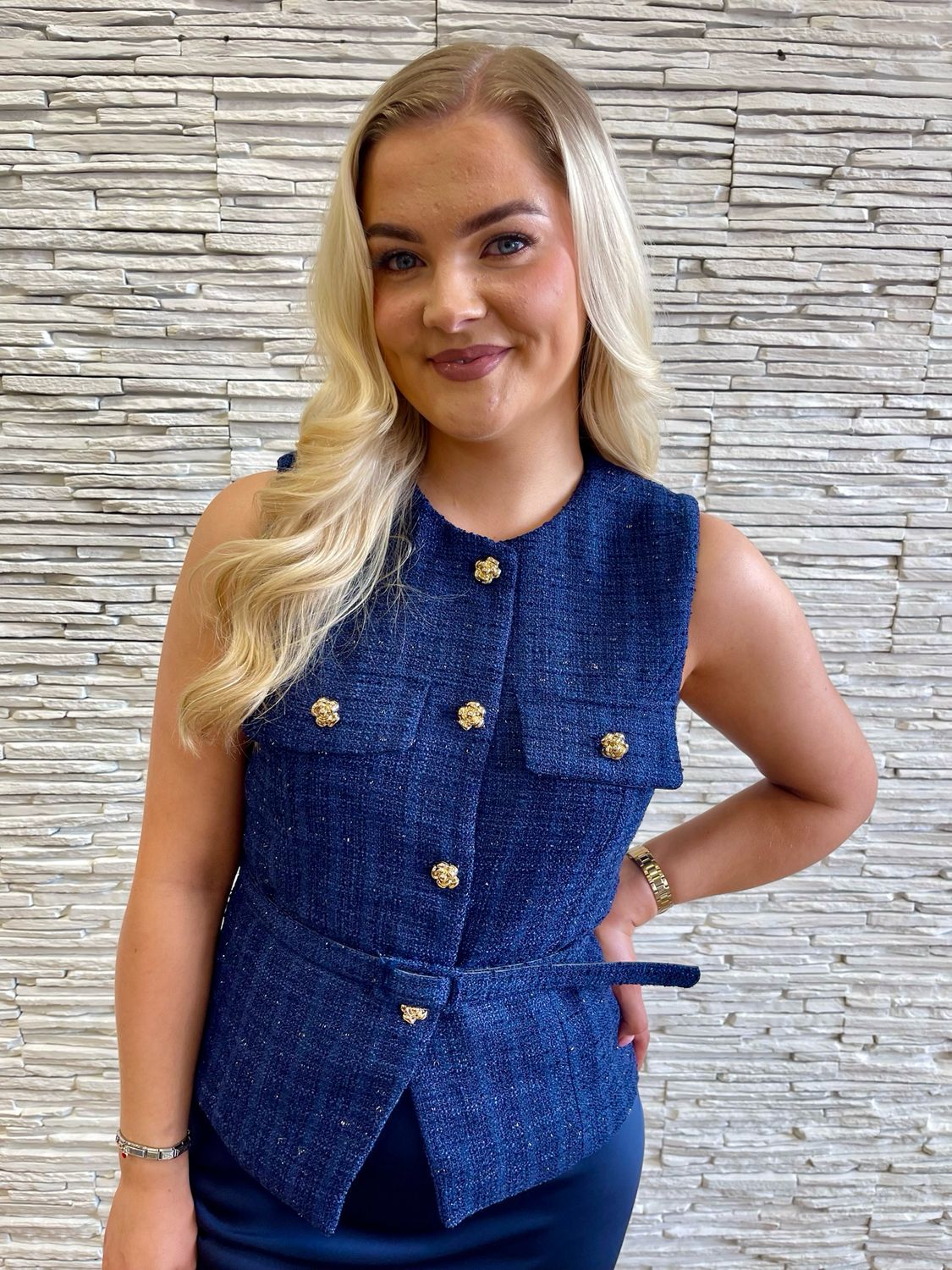 The Mollie Belted Chanel Inspired Tweed Waistcoat In French Navy