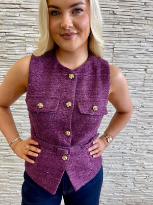 The Mollie Chanel Inspired Tweed Waistcoat In Plum