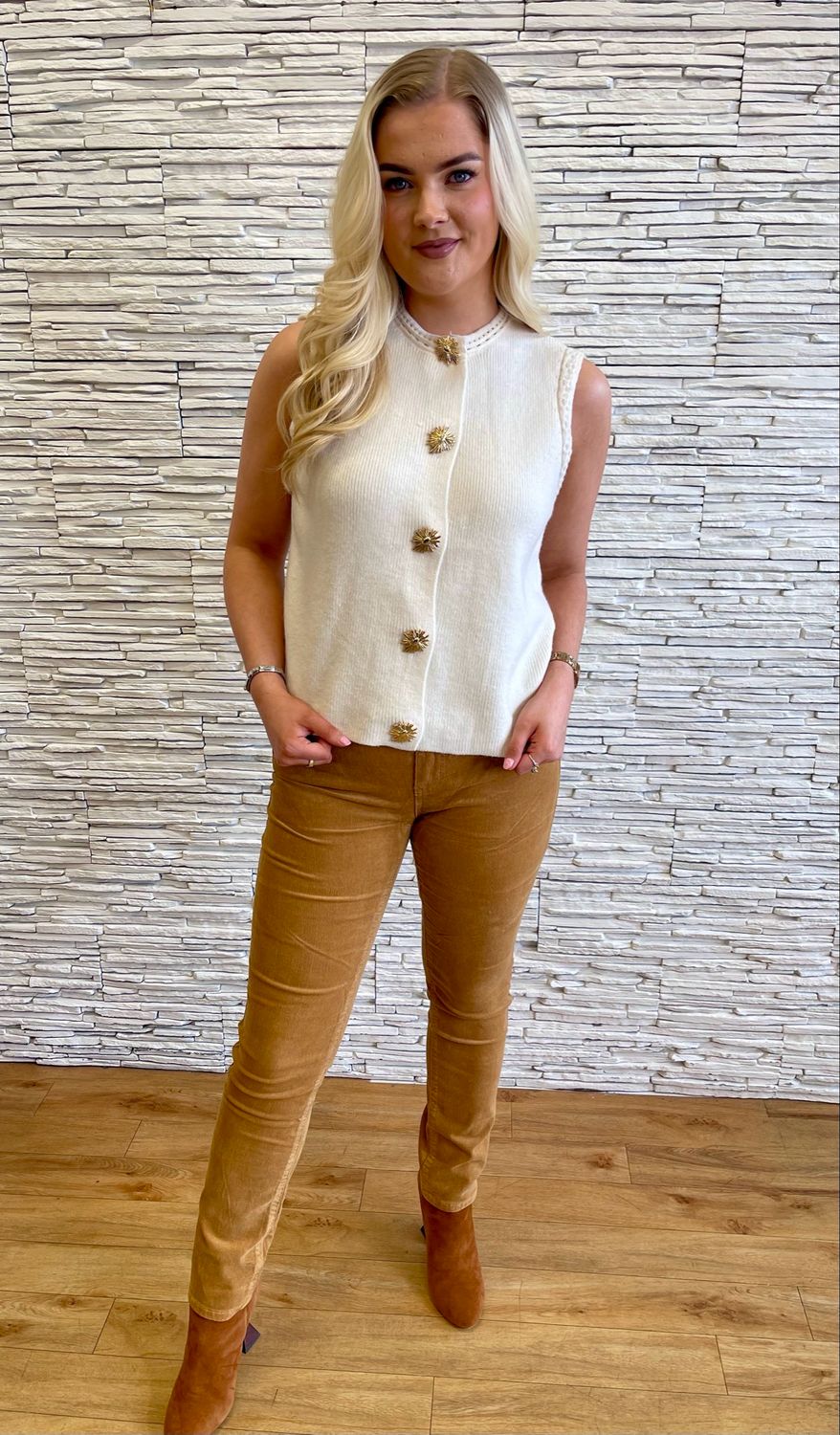 The Parker Gold Button Embellished Knit Waistcoat In Cream