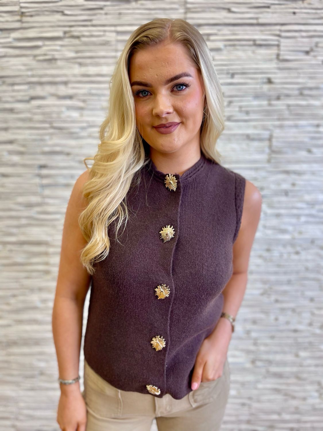 The Parker Gold Button Embellished Waistcoat In Chocolate Brown
