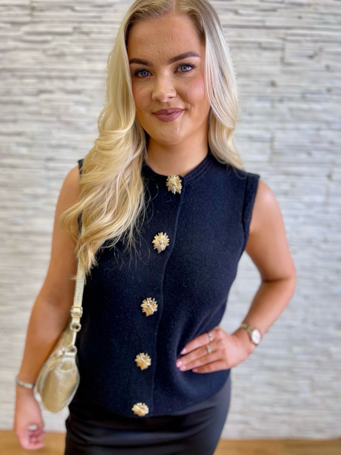 The Parker Gold Button Embellished Knit Waistcoat In Black