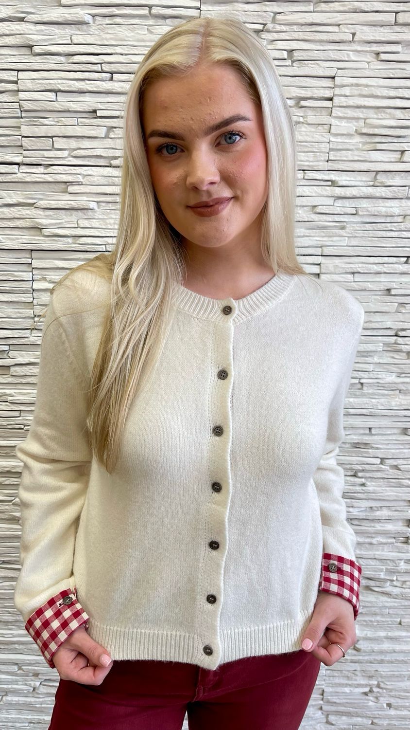 The Aoibheann Soft Knit With Gingham Trim &amp; Cuffs In Off White