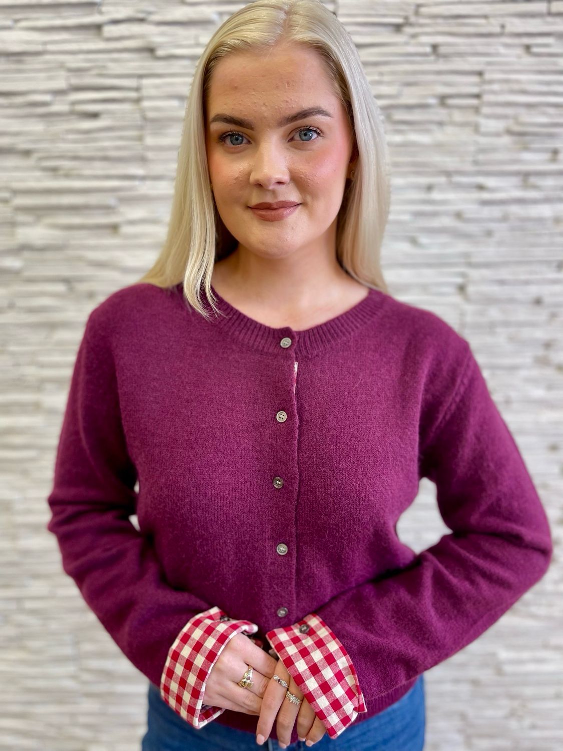 The Aoibheann Soft Knit With Gingham Trim &amp; Cuffs In Plum