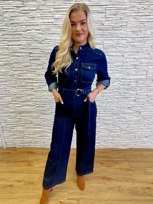 The Jessie Denim Belted Boiler Suit In Dark Indigo