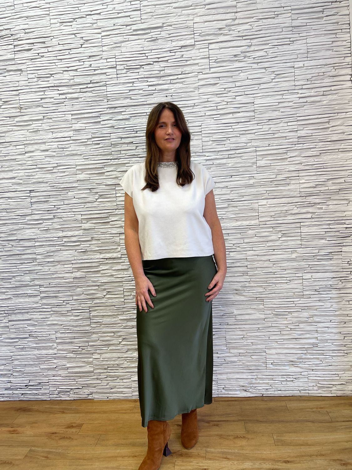 The Aoife Bias Cut Satin Skirt In Olive Green