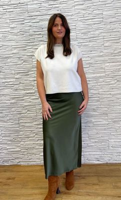 The Aoife Bias Cut Satin Skirt In Olive Green