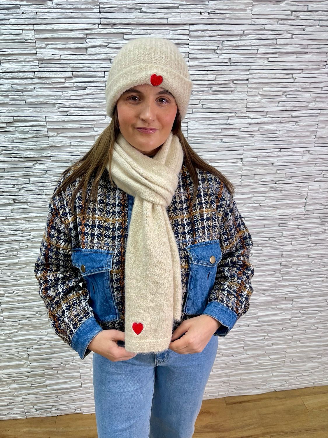 The Scarf &amp; Hat Love Heart Set In Cream