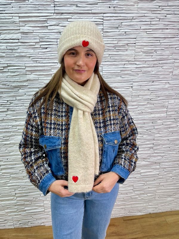 The Scarf &amp; Hat Love Heart Set In Cream