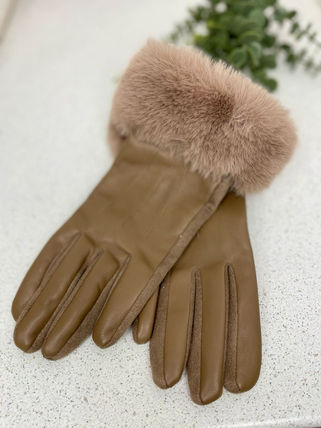 The Faux Leather Gloves With Fur Trim In Taupe