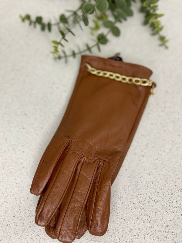 The Tan Real Leather Gloves With Chain