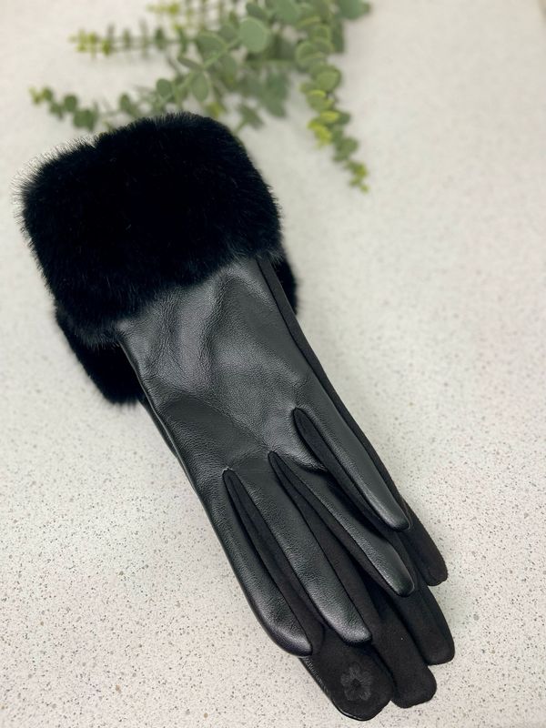 The Faux Leather Gloves With Fur Trim In Black