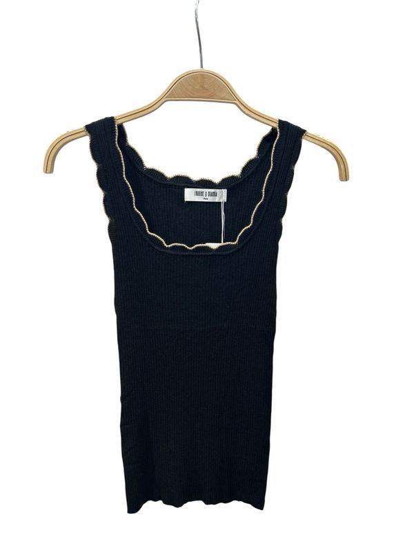 The Abbie Black Ribbed Tank Top With Gold Scallop Trim
