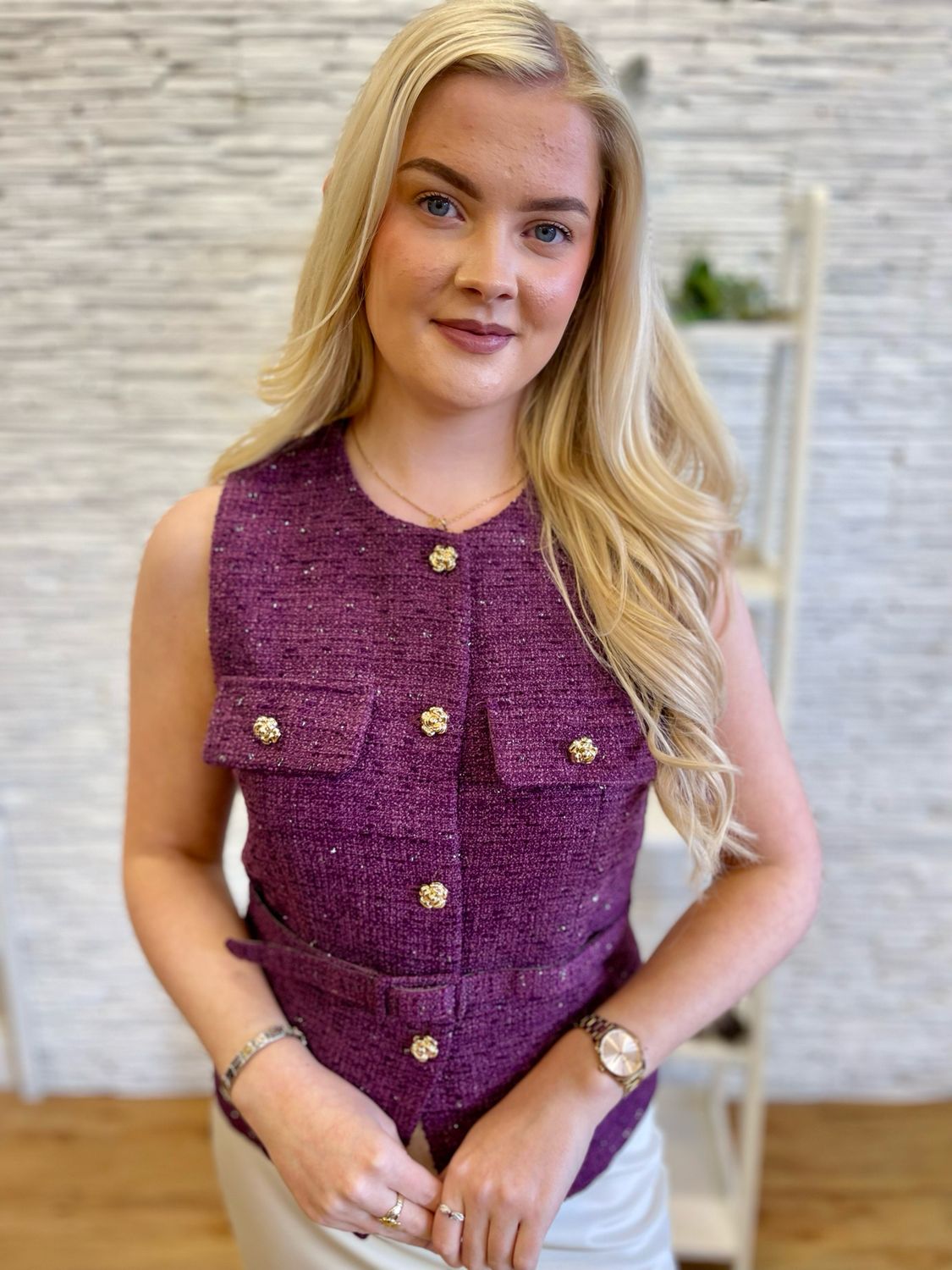 The Mollie Chanel Inspired Tweed Waistcoat In Plum