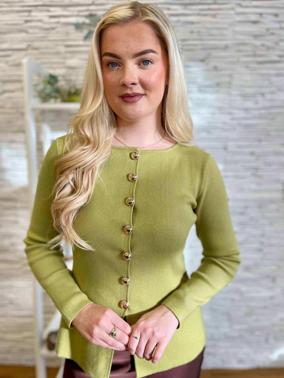 The Jaqueline Gold Button Top In Green