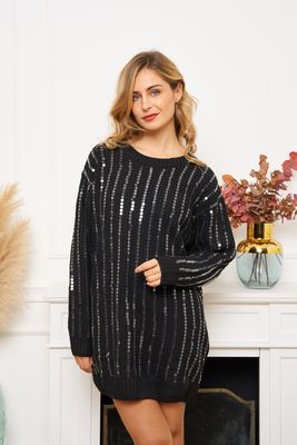 Sequin Knit Jumper Dress in Black