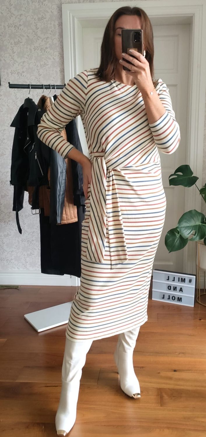 The Annie Stripe Knot Midi Dress In Cream