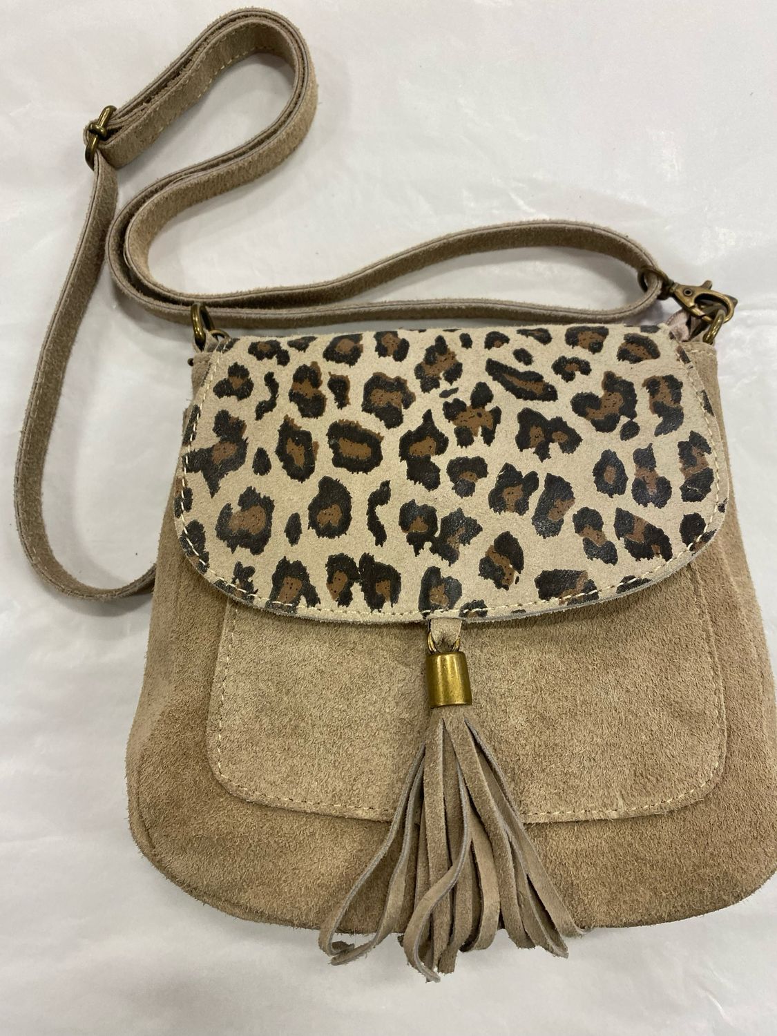 Real Suede Leopard Print Crossover Bag In Beige