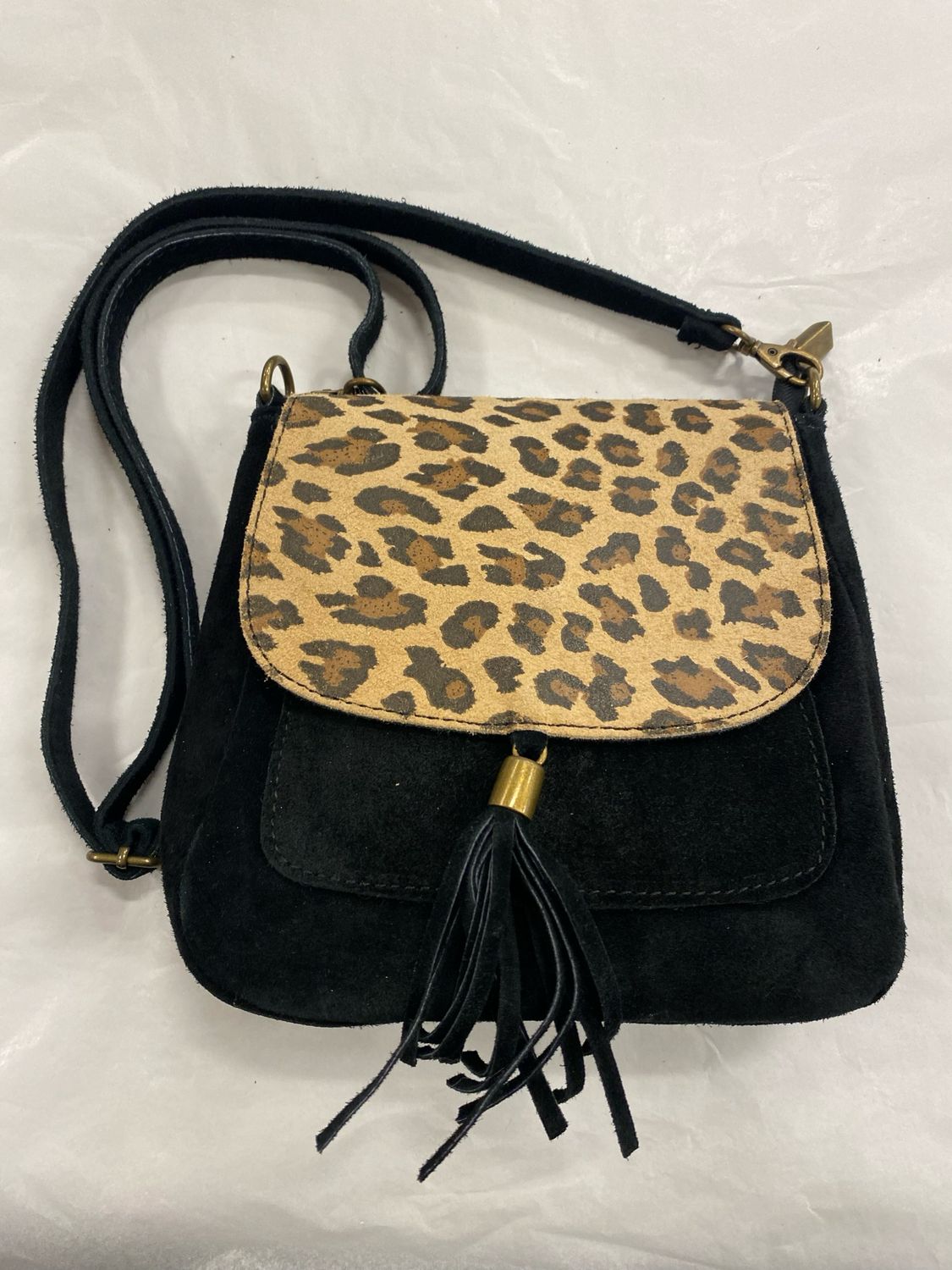 Real Suede Leopard Print Crossover Bag In Black