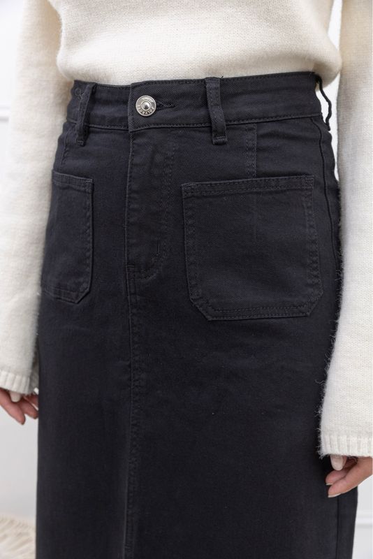 The Georgia Two Pocket Denim Maxi Skirt In Black